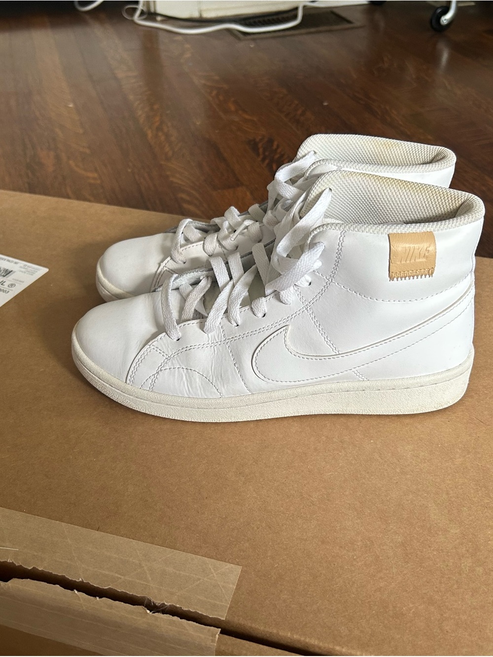 Nike White High-Top Leather Sneakers with Tan Heel Tab Size 7.5